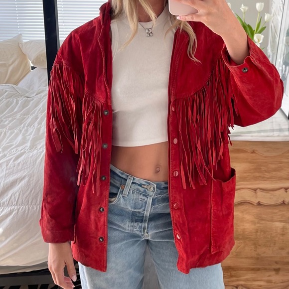 Vintage Mario Zarelli Red Suede Western Fringe Leather‎ Jacket - Picture 1 of 14